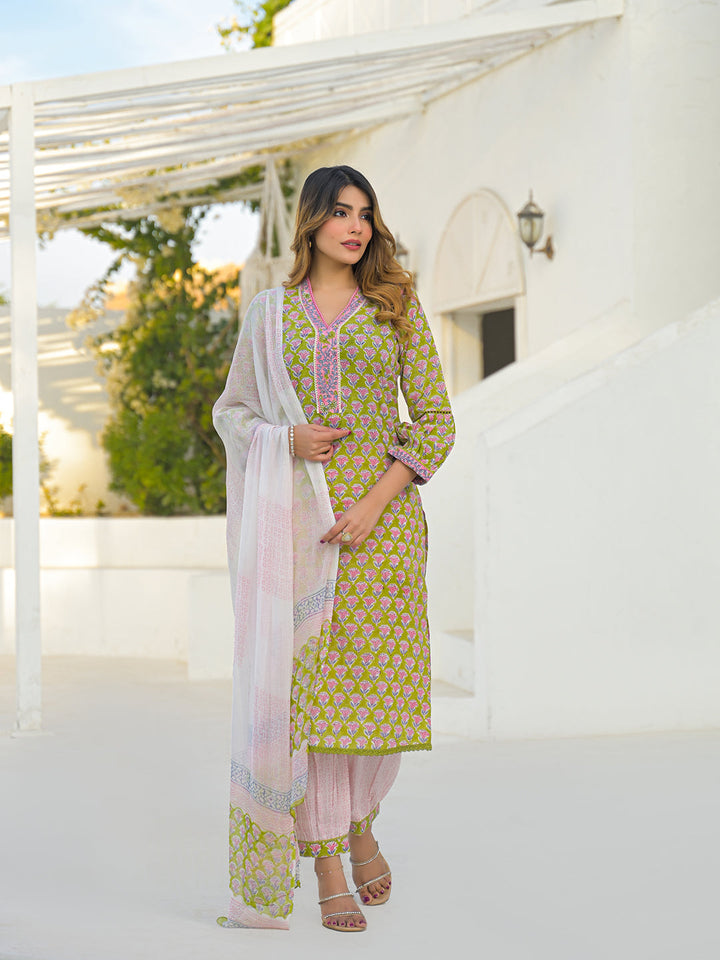 Green Hand Block Cotton Straight Kurta Pant Set With Dupatta