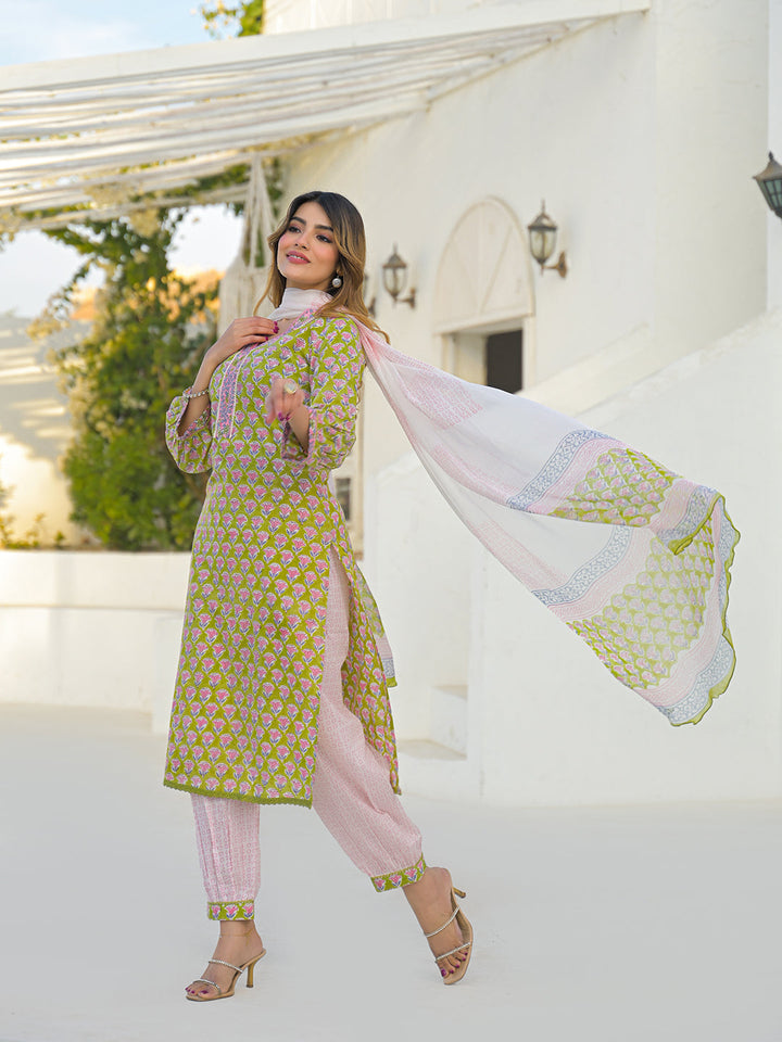 Green Hand Block Cotton Straight Kurta Pant Set With Dupatta