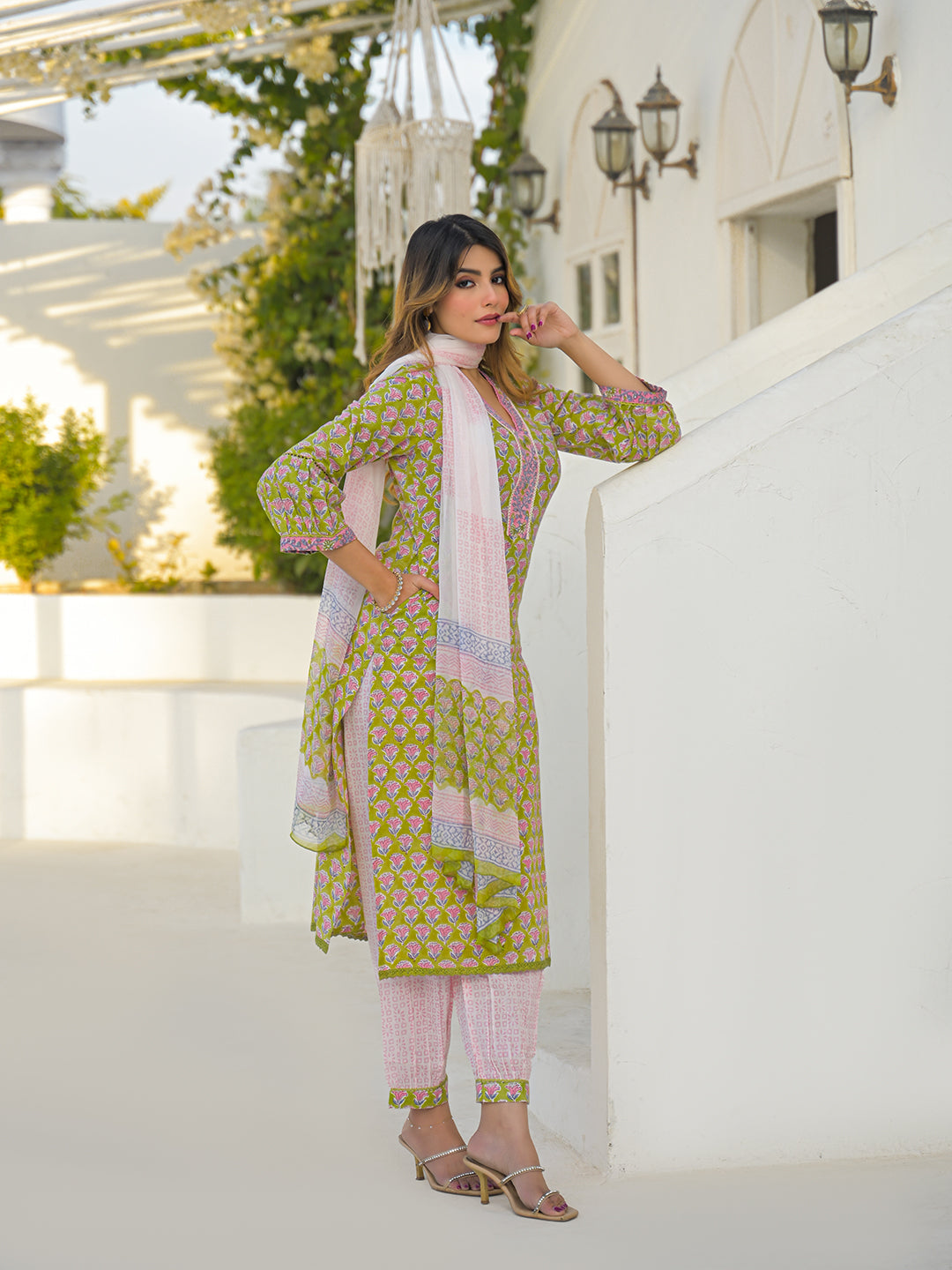 Green Hand Block Cotton Straight Kurta Pant Set With Dupatta
