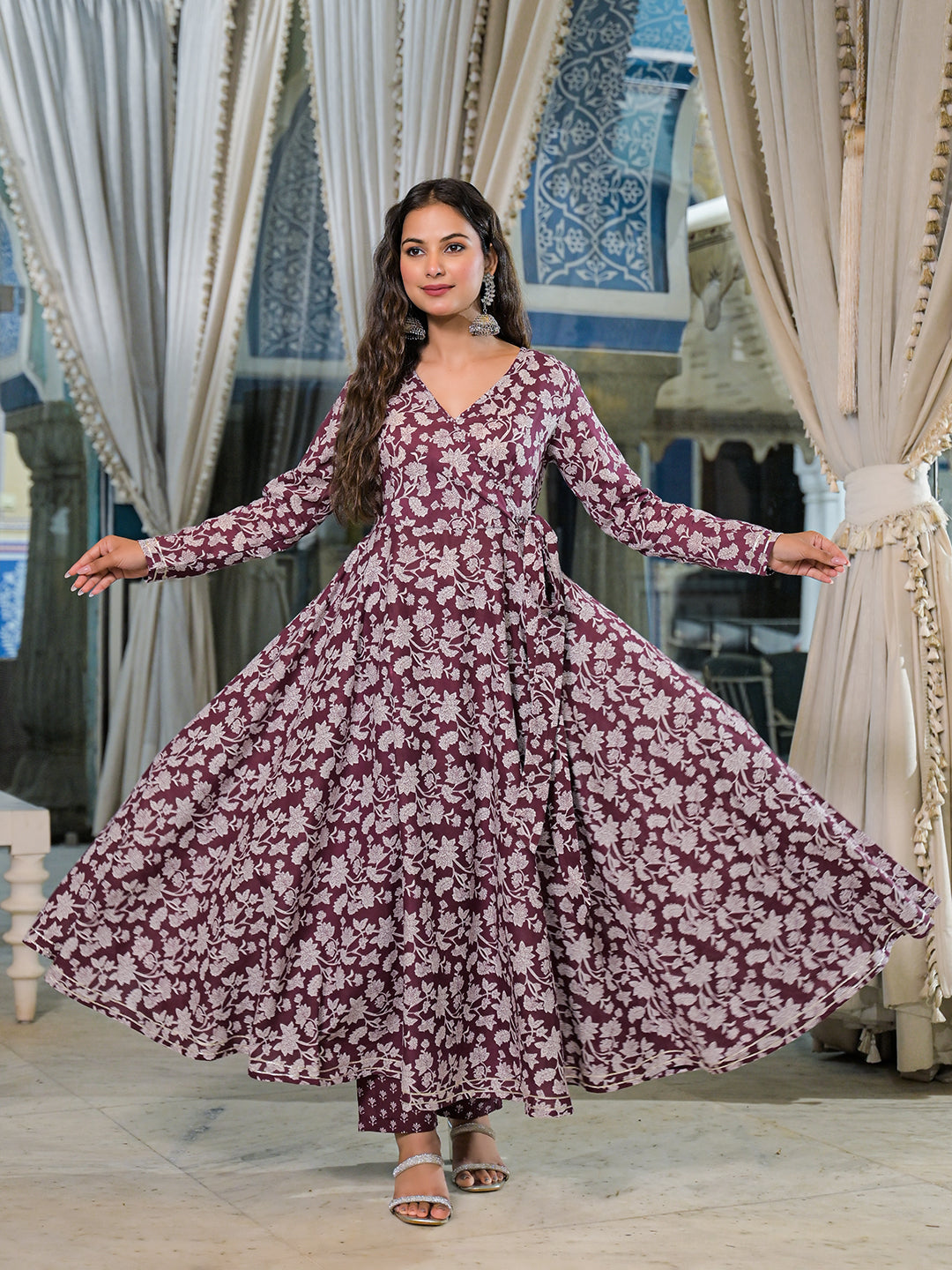 Burgundy-Cotton-Floral-Print-Anarkali-Kurta-Pant-Set