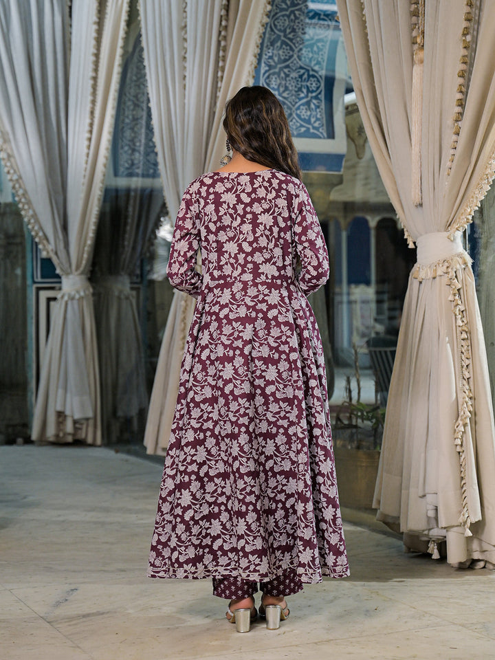 Burgundy-Cotton-Floral-Print-Anarkali-Kurta-Pant-Set