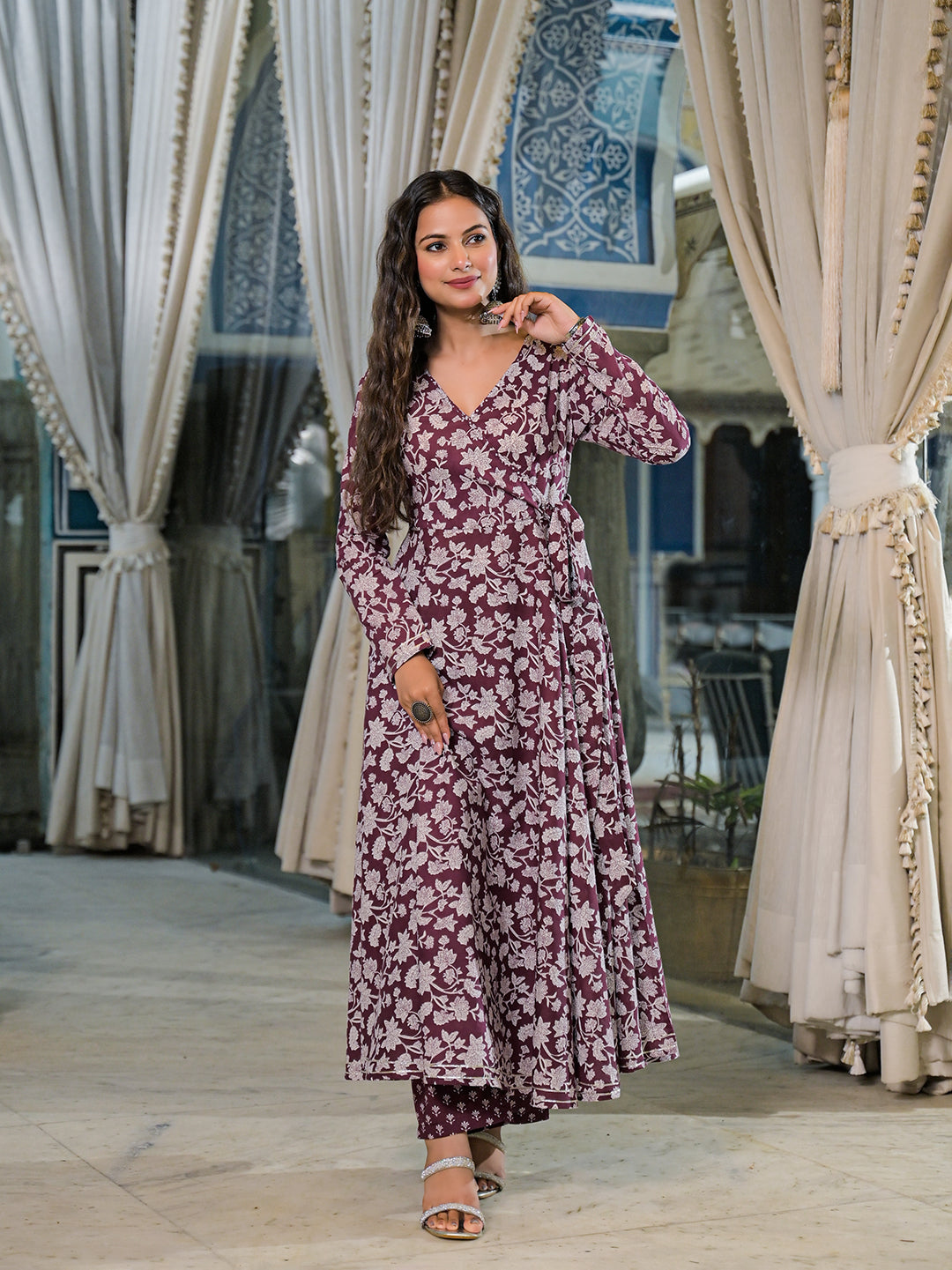 Burgundy-Cotton-Floral-Print-Anarkali-Kurta-Pant-Set