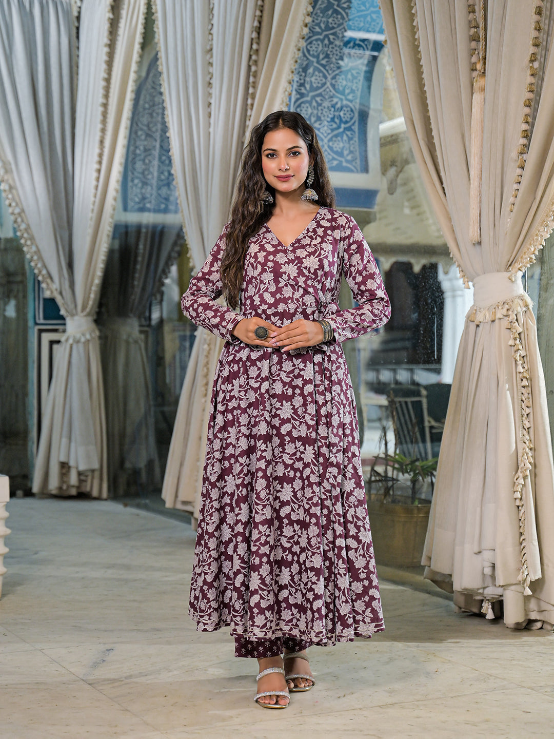 Burgundy-Cotton-Floral-Print-Anarkali-Kurta-Pant-Set