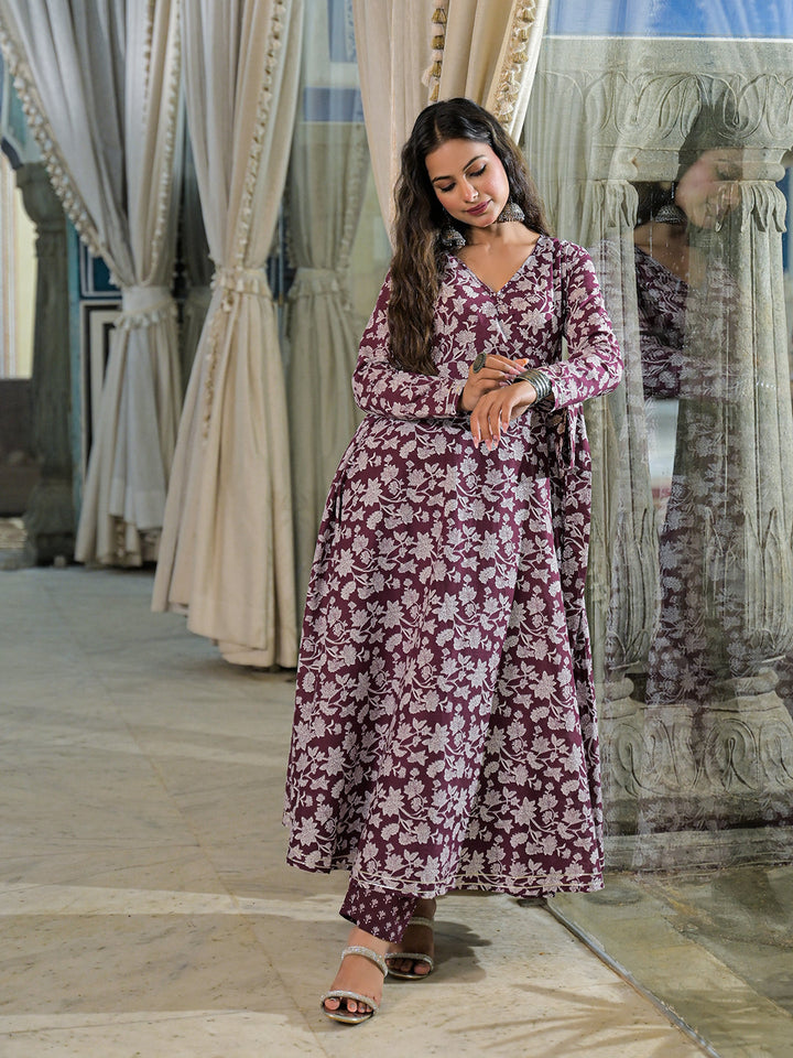 Burgundy-Cotton-Floral-Print-Anarkali-Kurta-Pant-Set