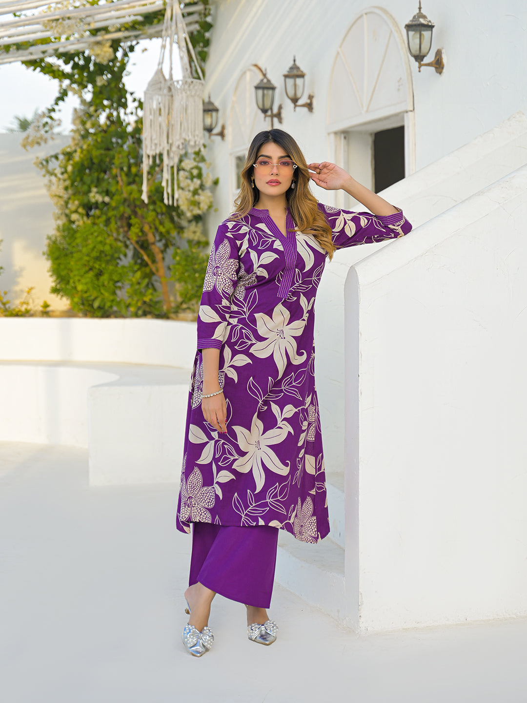 Purple V Neck A-Line Cotton Kurta Pant Sets