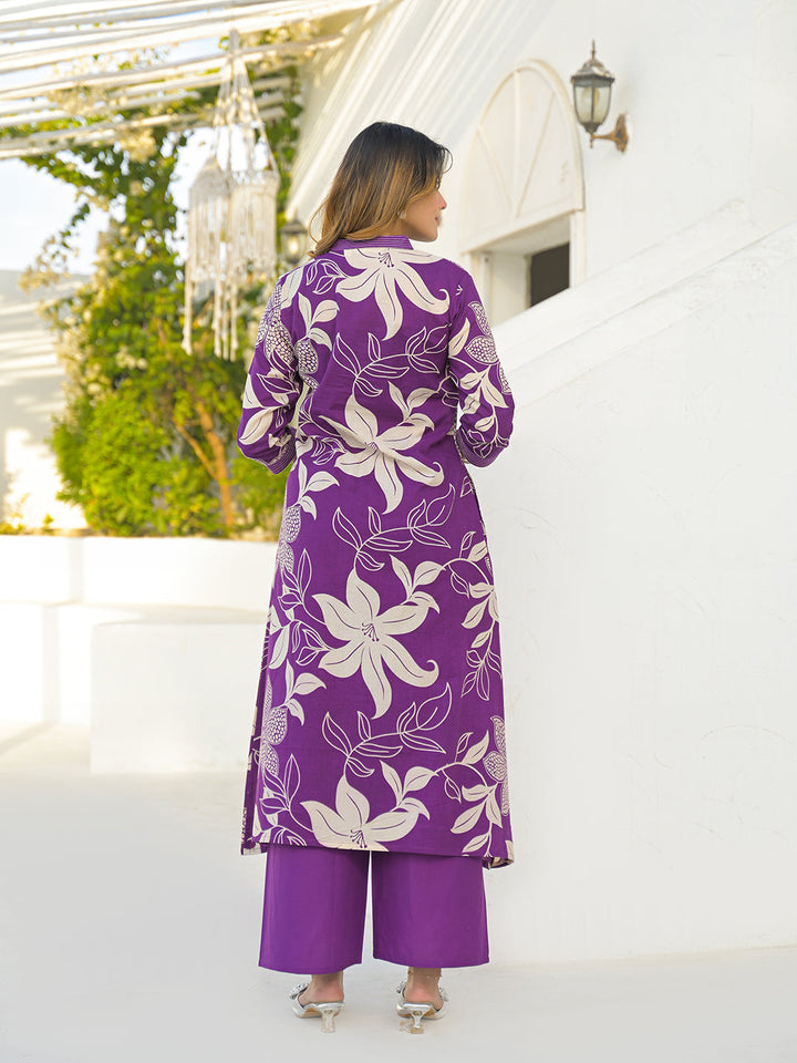 Purple V Neck A-Line Cotton Kurta Pant Sets