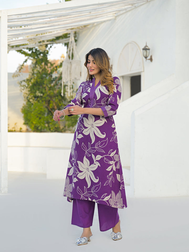 Purple V Neck A-Line Cotton Kurta Pant Sets