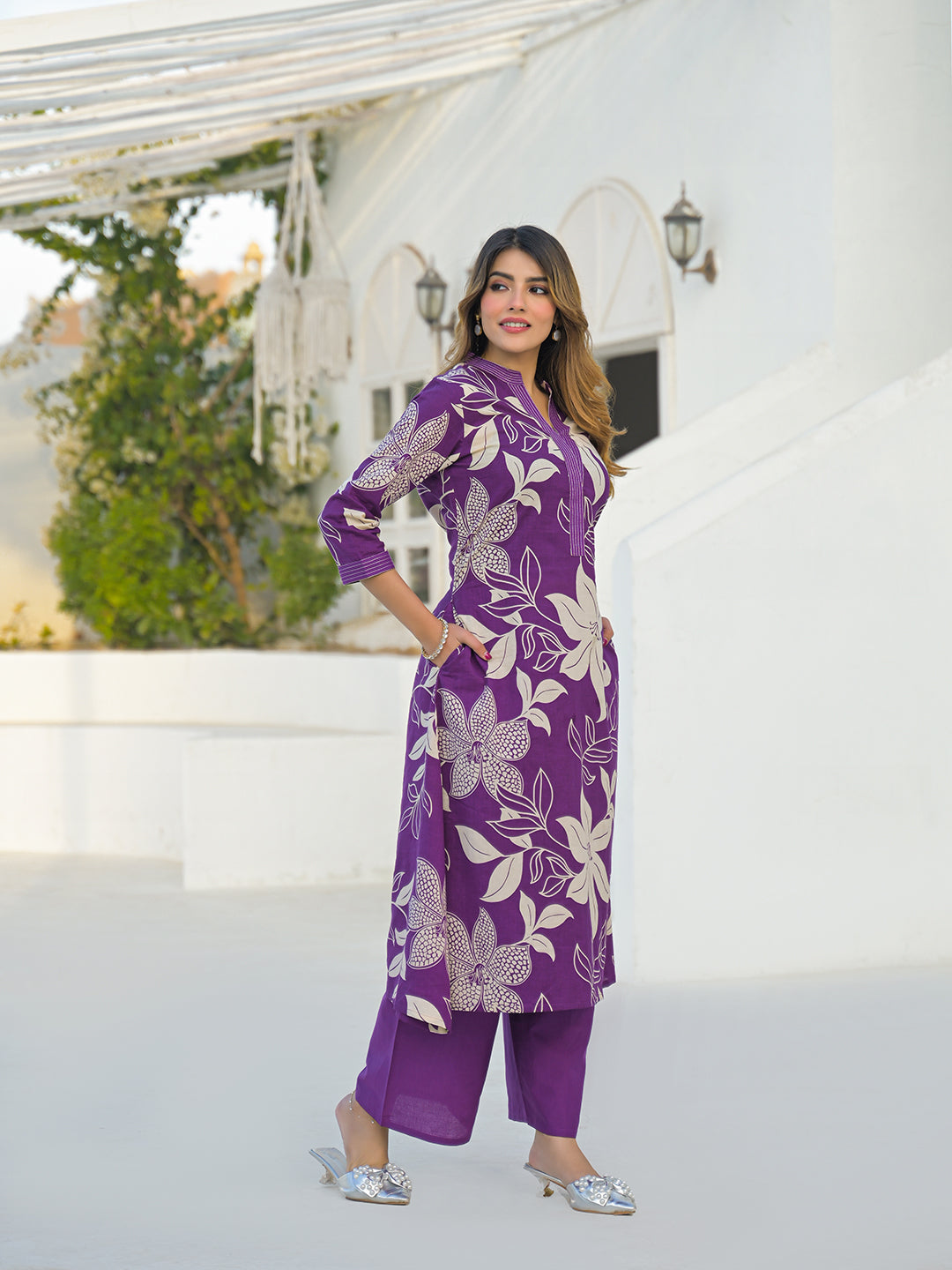 Purple V Neck A-Line Cotton Kurta Pant Sets