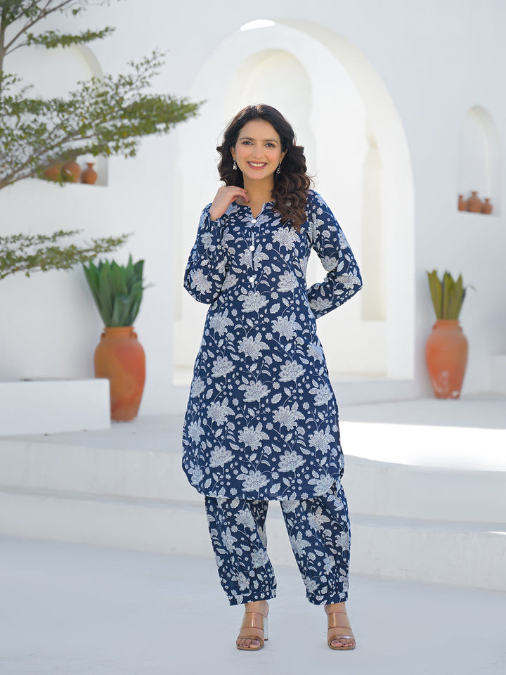 Blue Curved Hem Cotton Kurta Pant Sets