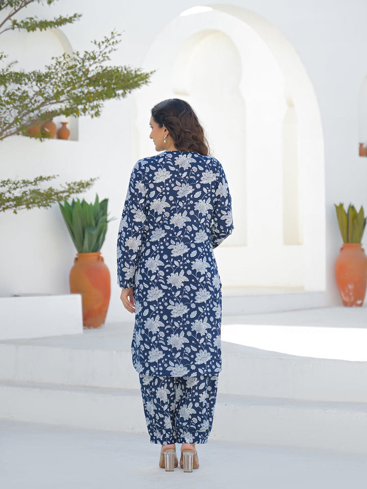 Blue Curved Hem Cotton Kurta Pant Sets