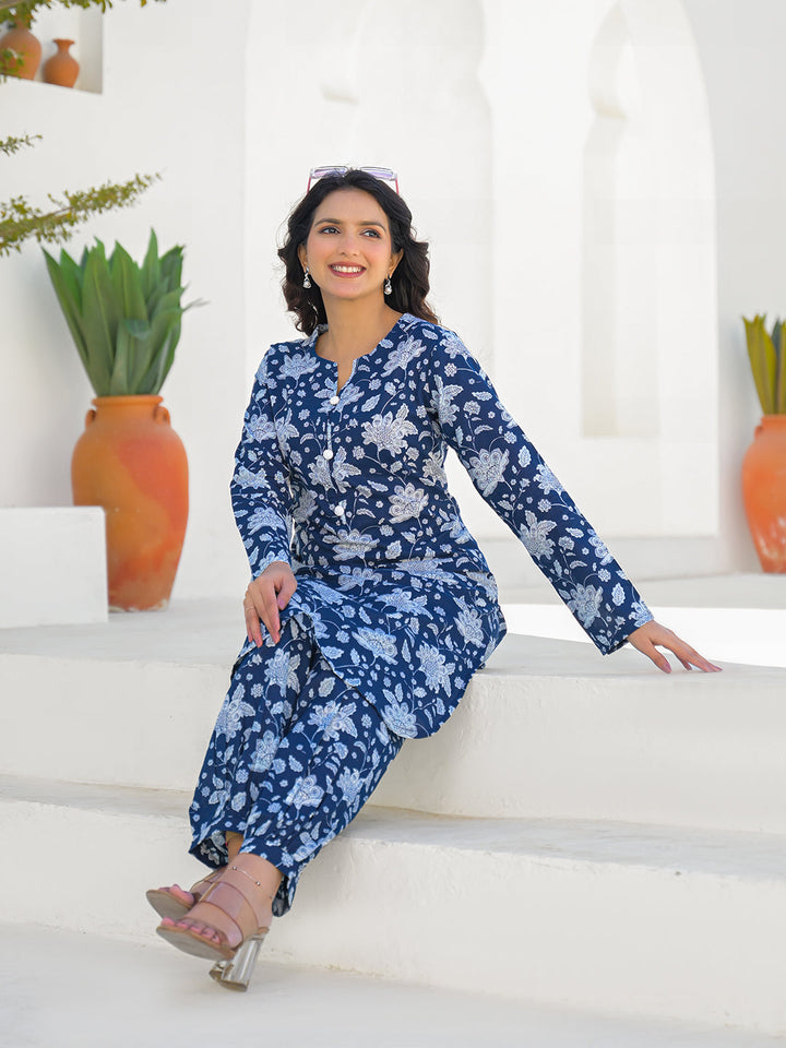 Blue Curved Hem Cotton Kurta Pant Sets