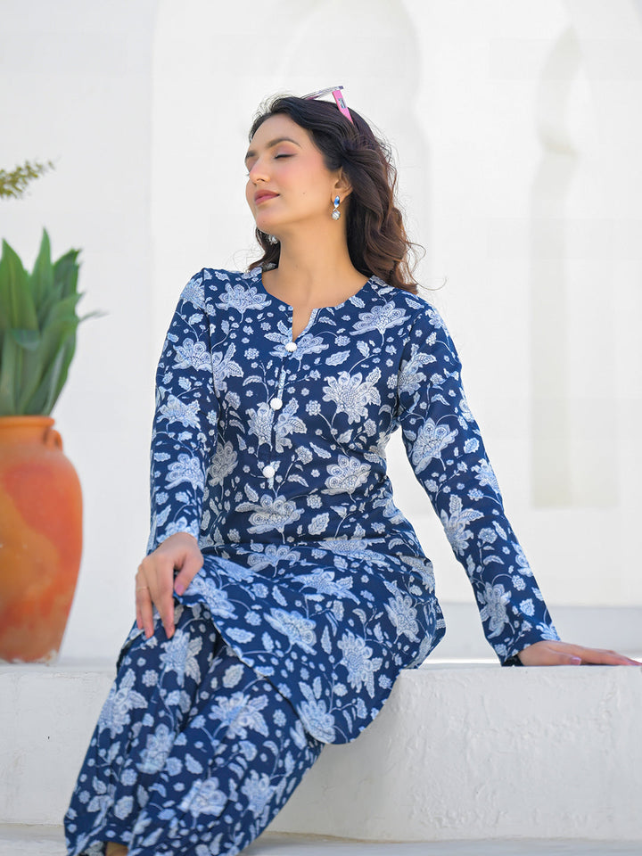 Blue Curved Hem Cotton Kurta Pant Sets