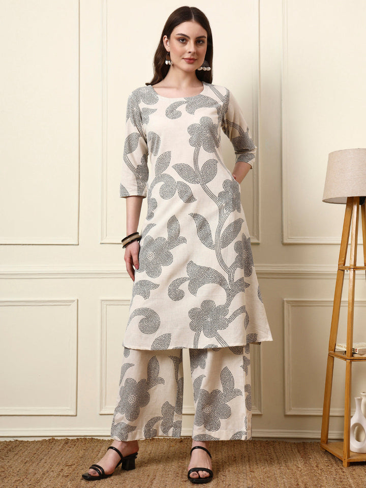 Off White Cotton Round Neck Kurta Palazzo Set