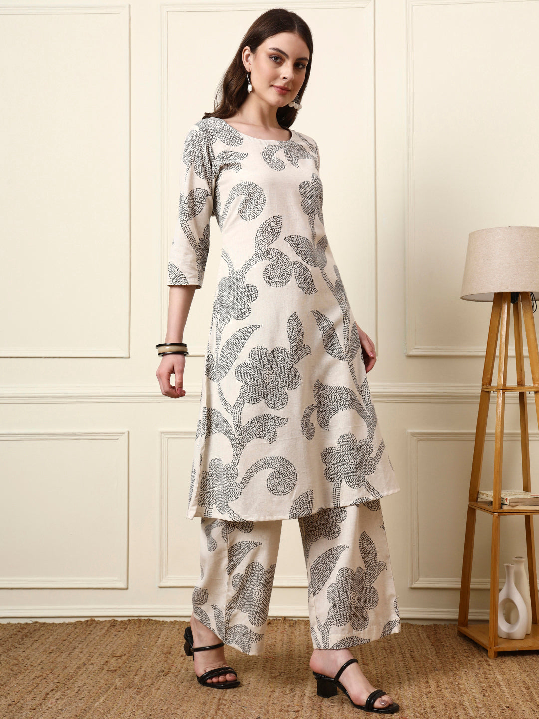 Off White Cotton Round Neck Kurta Palazzo Set