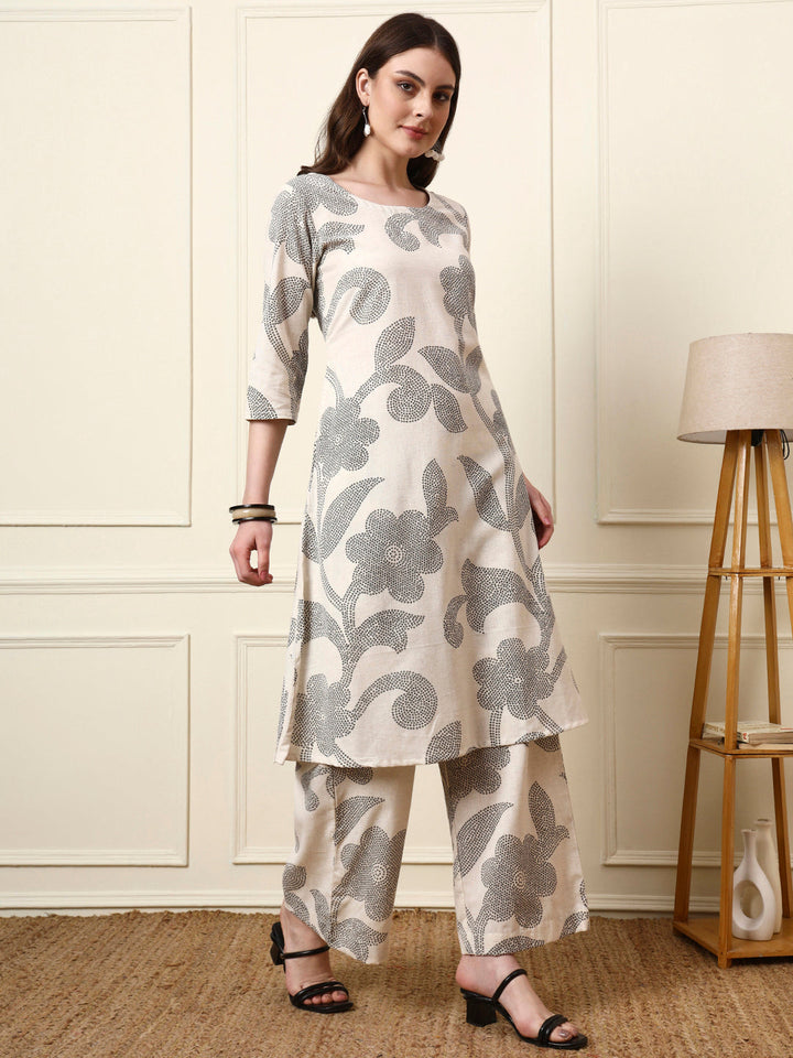 Off White Cotton Round Neck Kurta Palazzo Set