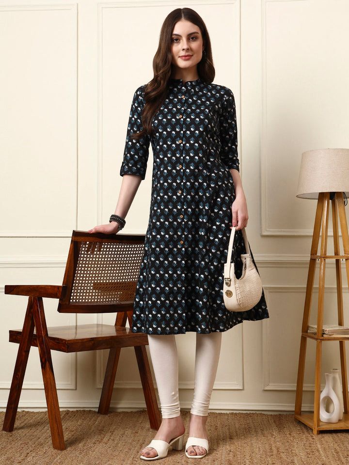 Black Mandarin Collar Floral Cotton A-Line Kurta