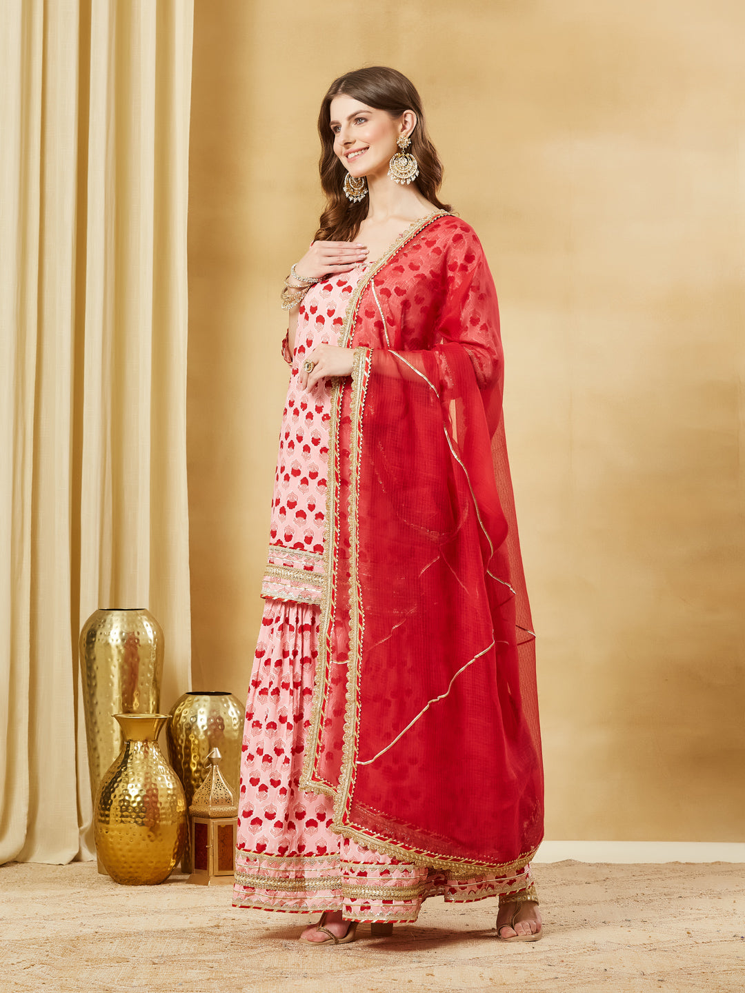 Pink Hand Block Cotton Kurta Sharara Set with Dupatta