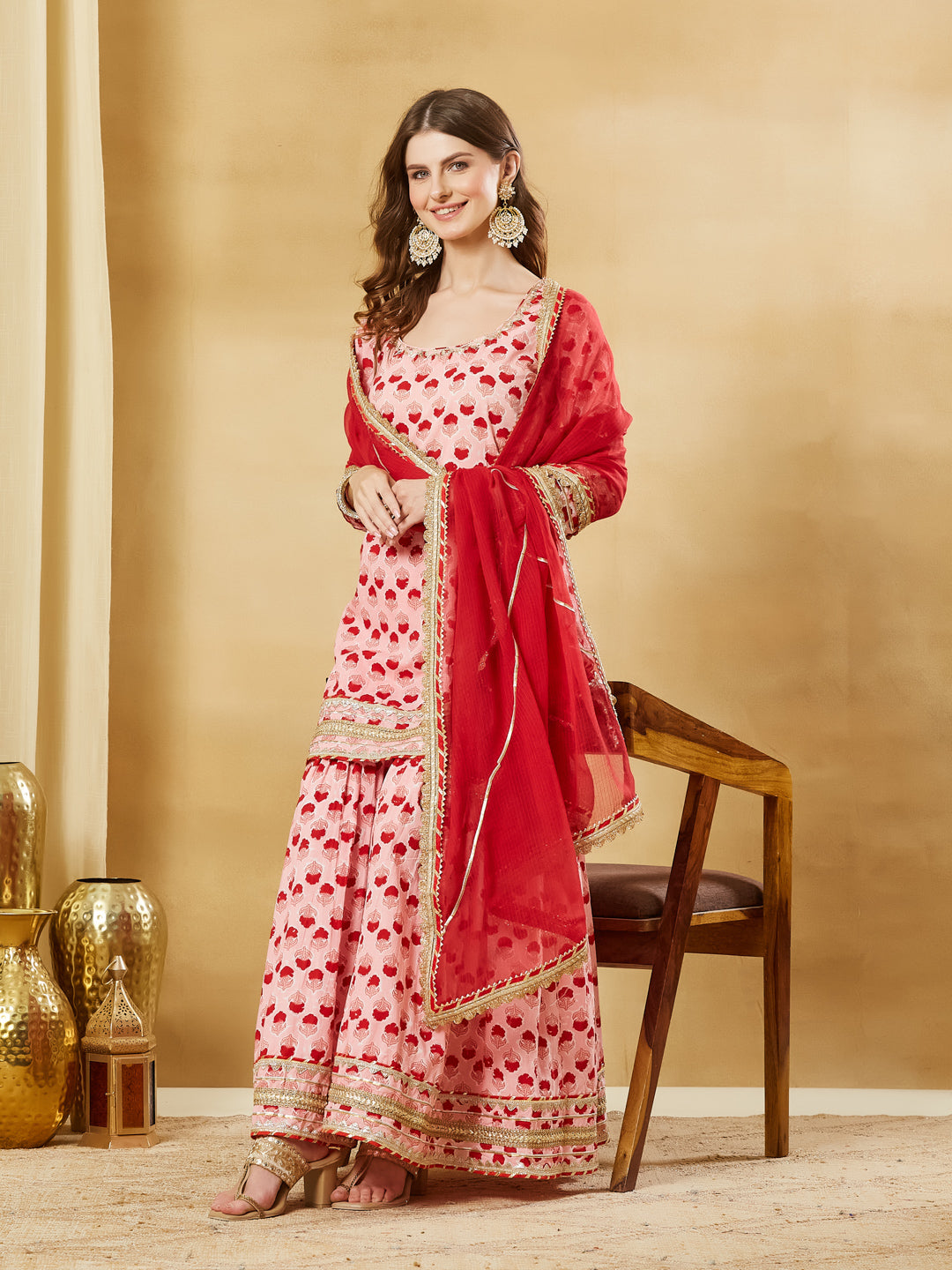 Pink Hand Block Cotton Kurta Sharara Set with Dupatta
