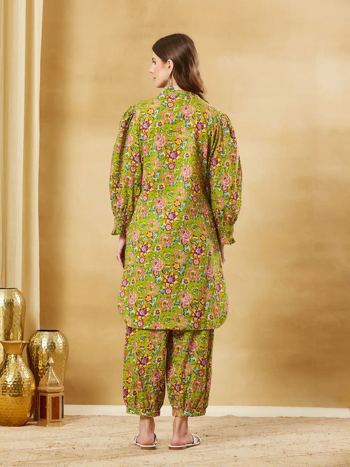 Green Cotton Kurta With Harem Pant Set