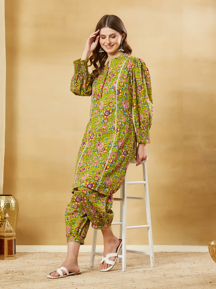 Green Cotton Kurta With Harem Pant Set