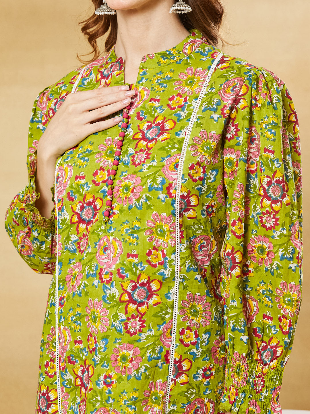 Green Cotton Kurta With Harem Pant Set
