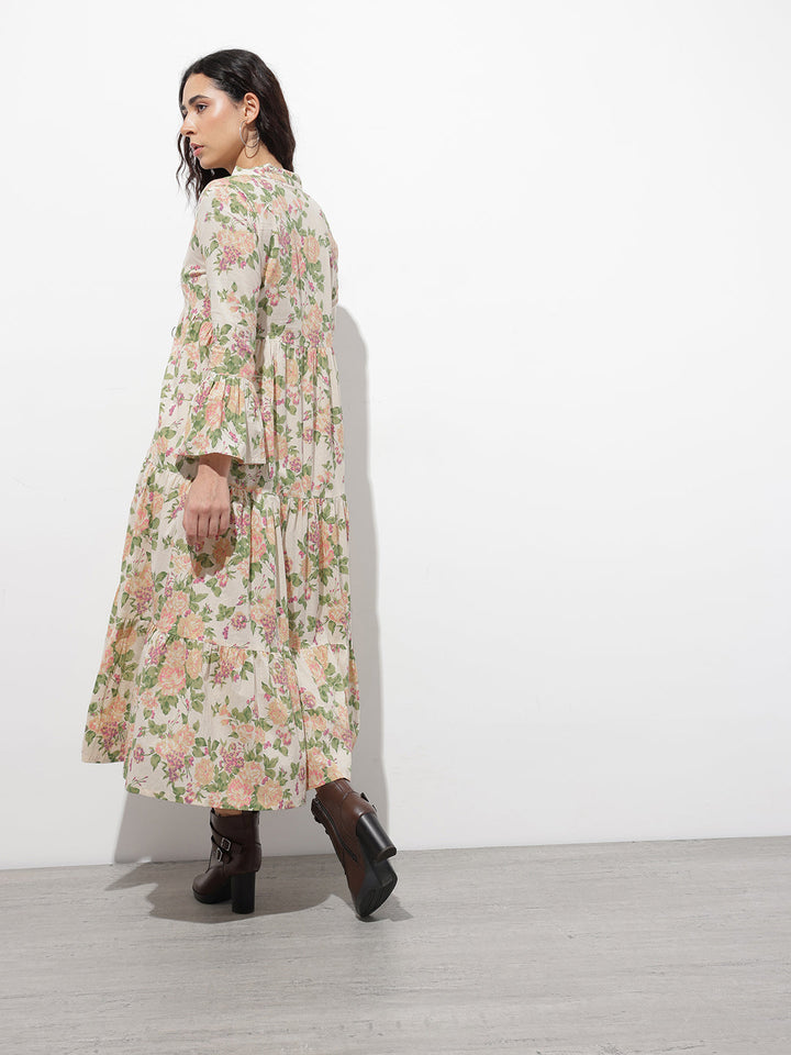 Cream Mandarin Coller Floral Print Cotton Midi Dress