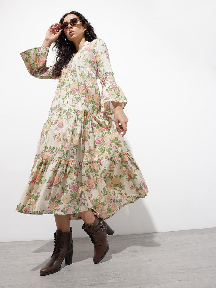 Cream Mandarin Coller Floral Print Cotton Midi Dress