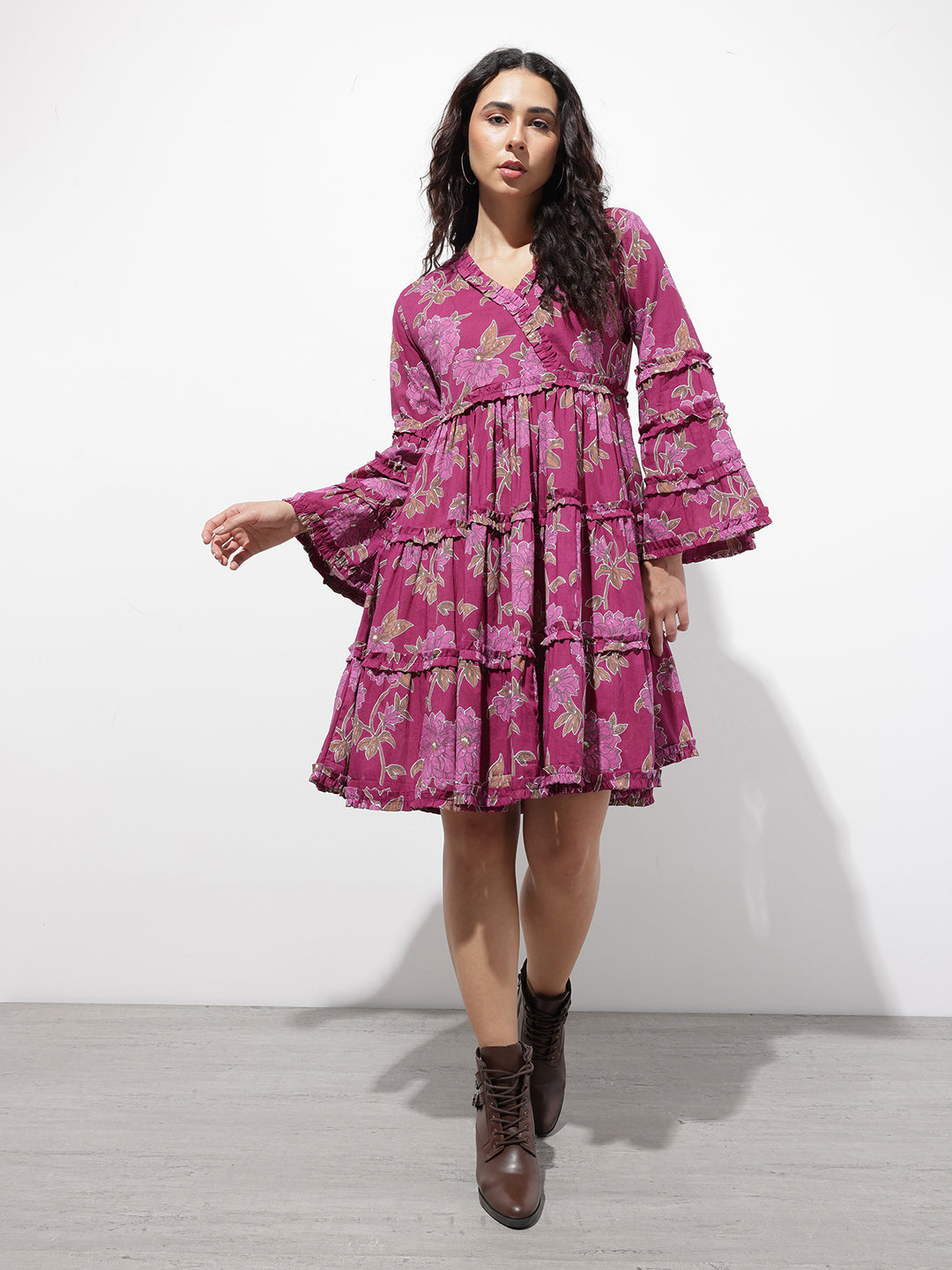 Purple V-Neck Midi Cotton Dress