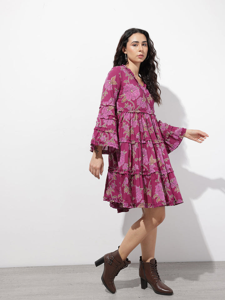 Purple V-Neck Midi Cotton Dress