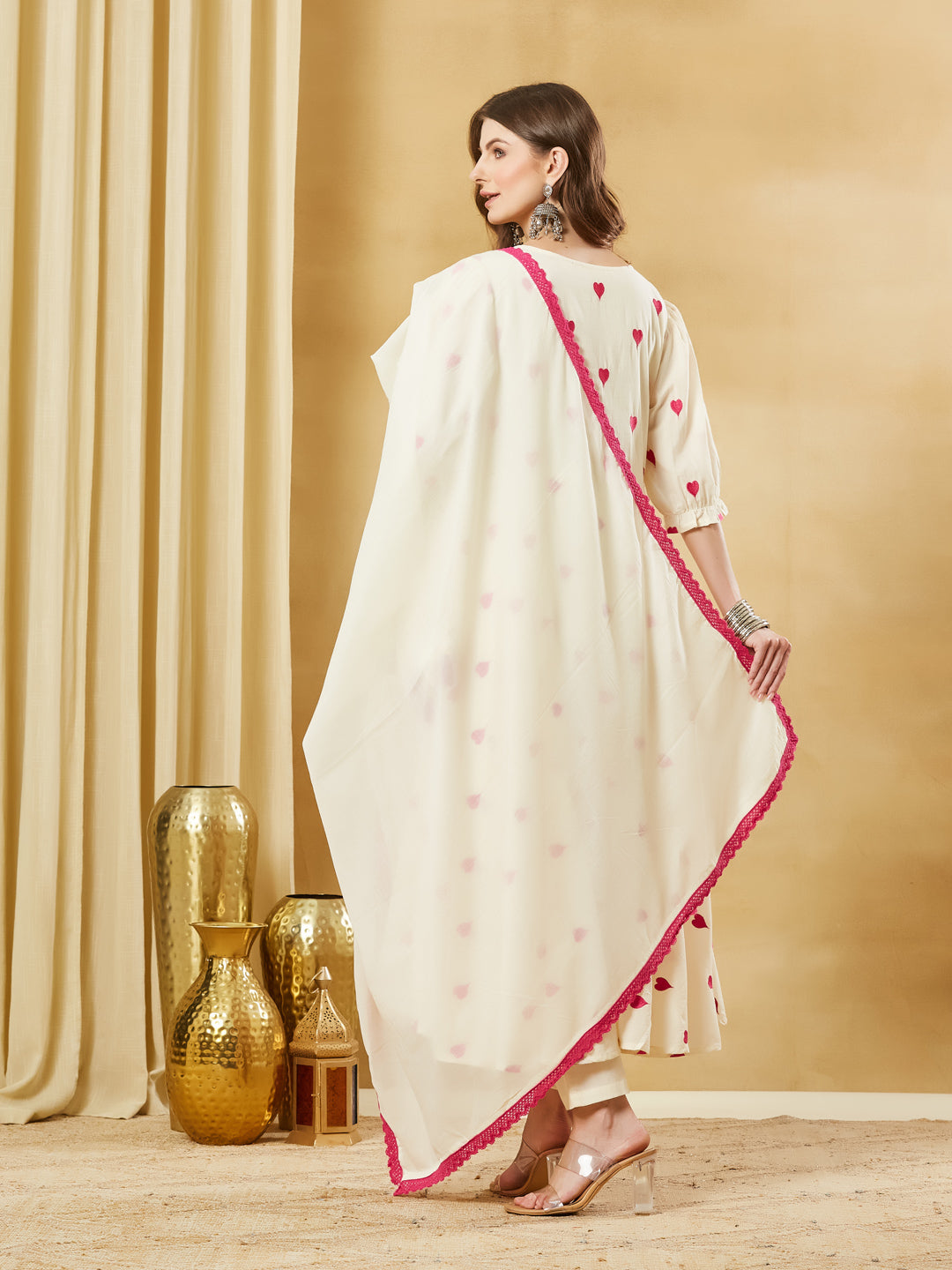 Cream Heart Embroidered Cotton Anarkali Kurta Pant Set With Dupatta