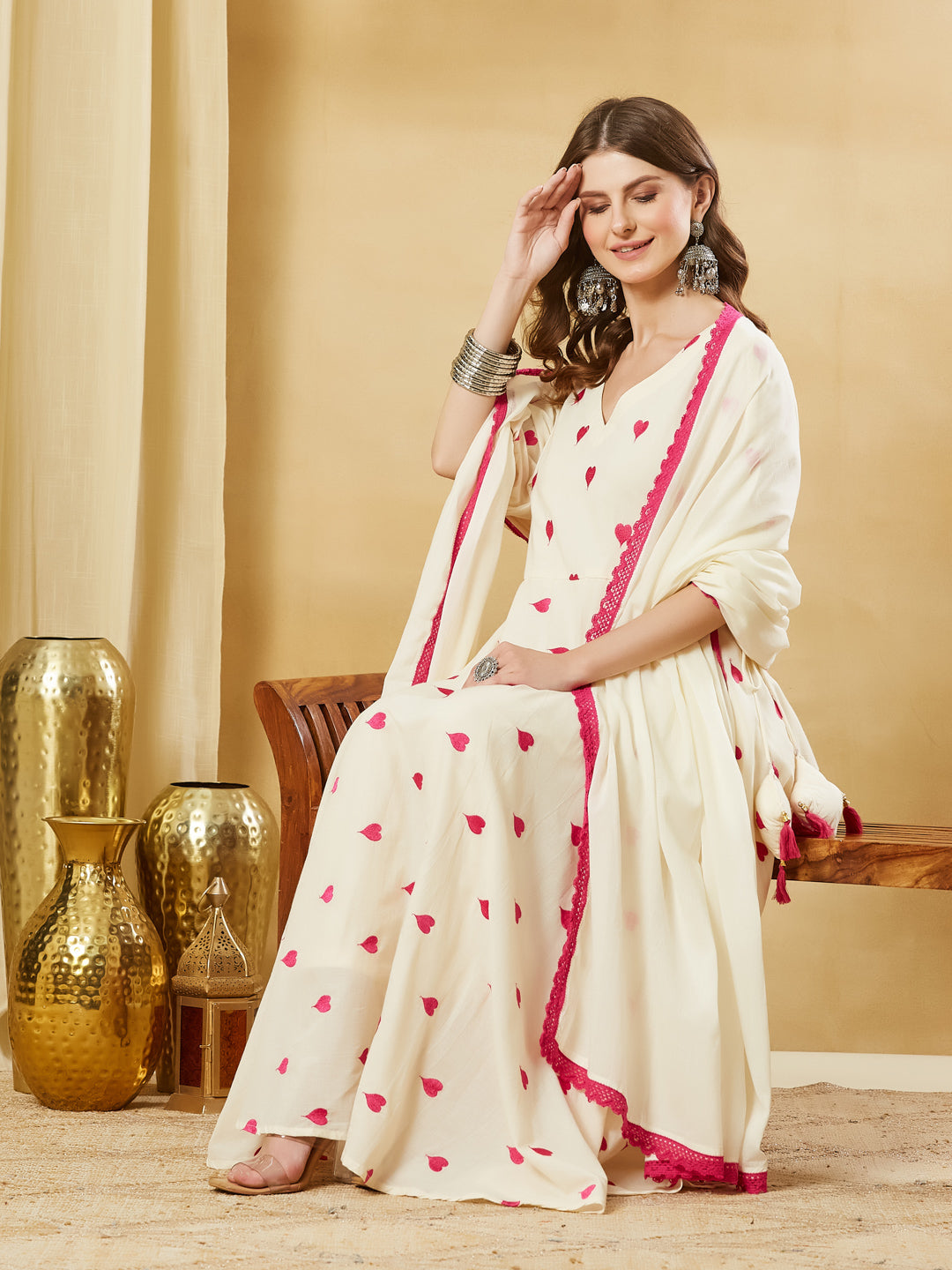 Cream Heart Embroidered Cotton Anarkali Kurta Pant Set With Dupatta