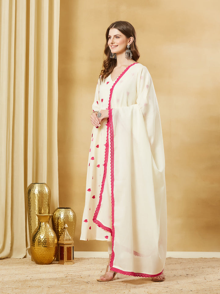 Cream Heart Embroidered Cotton Anarkali Kurta Pant Set With Dupatta