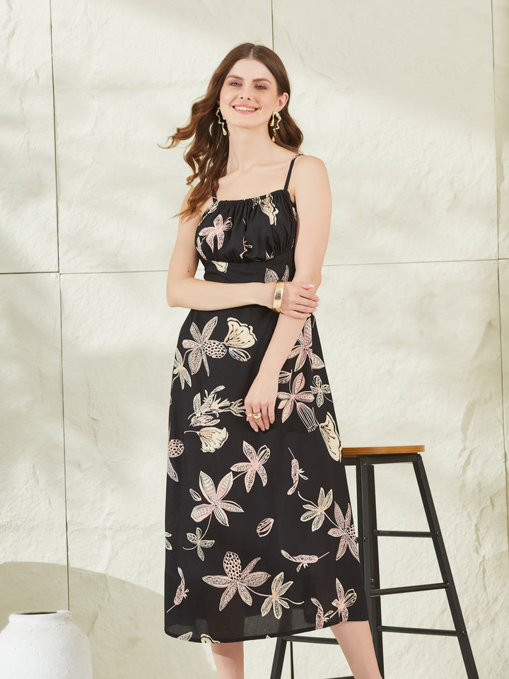 Black Rayon Shoulder Strap Midi Dress