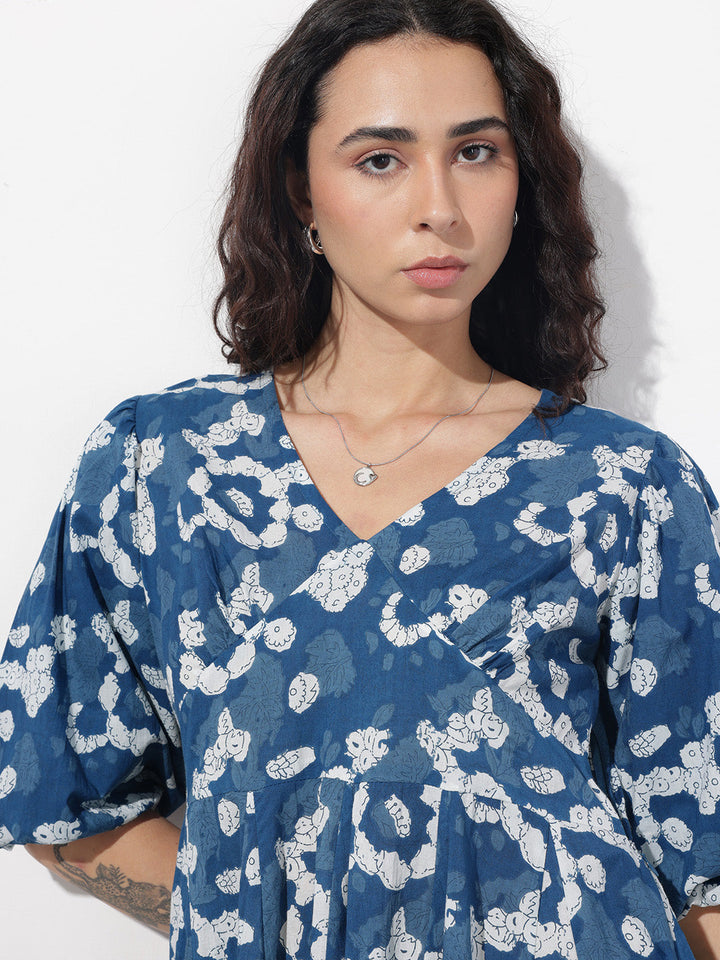 Blue V-Neck Short Bell Sleeves Mini Cotton Dress