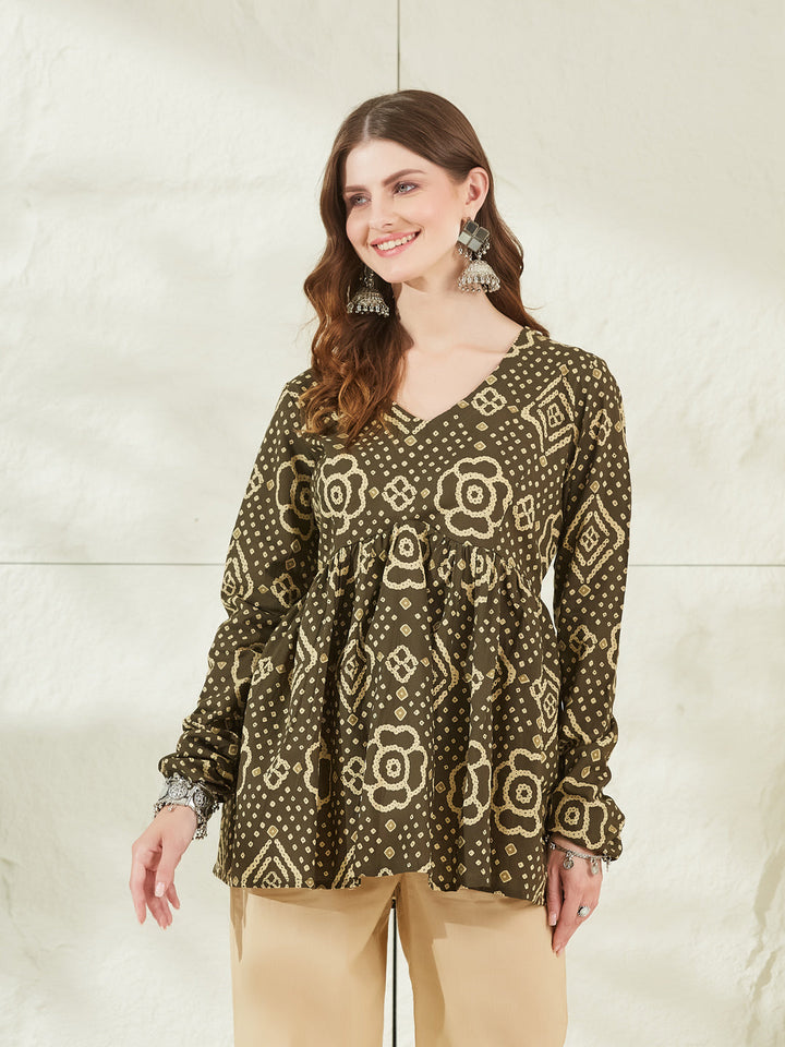 Brown Floral Printed V Neck Cotton Top