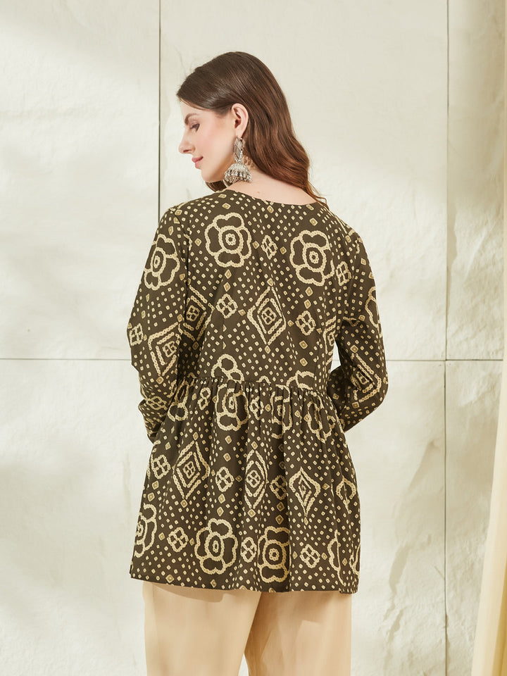 Brown Floral Printed V Neck Cotton Top