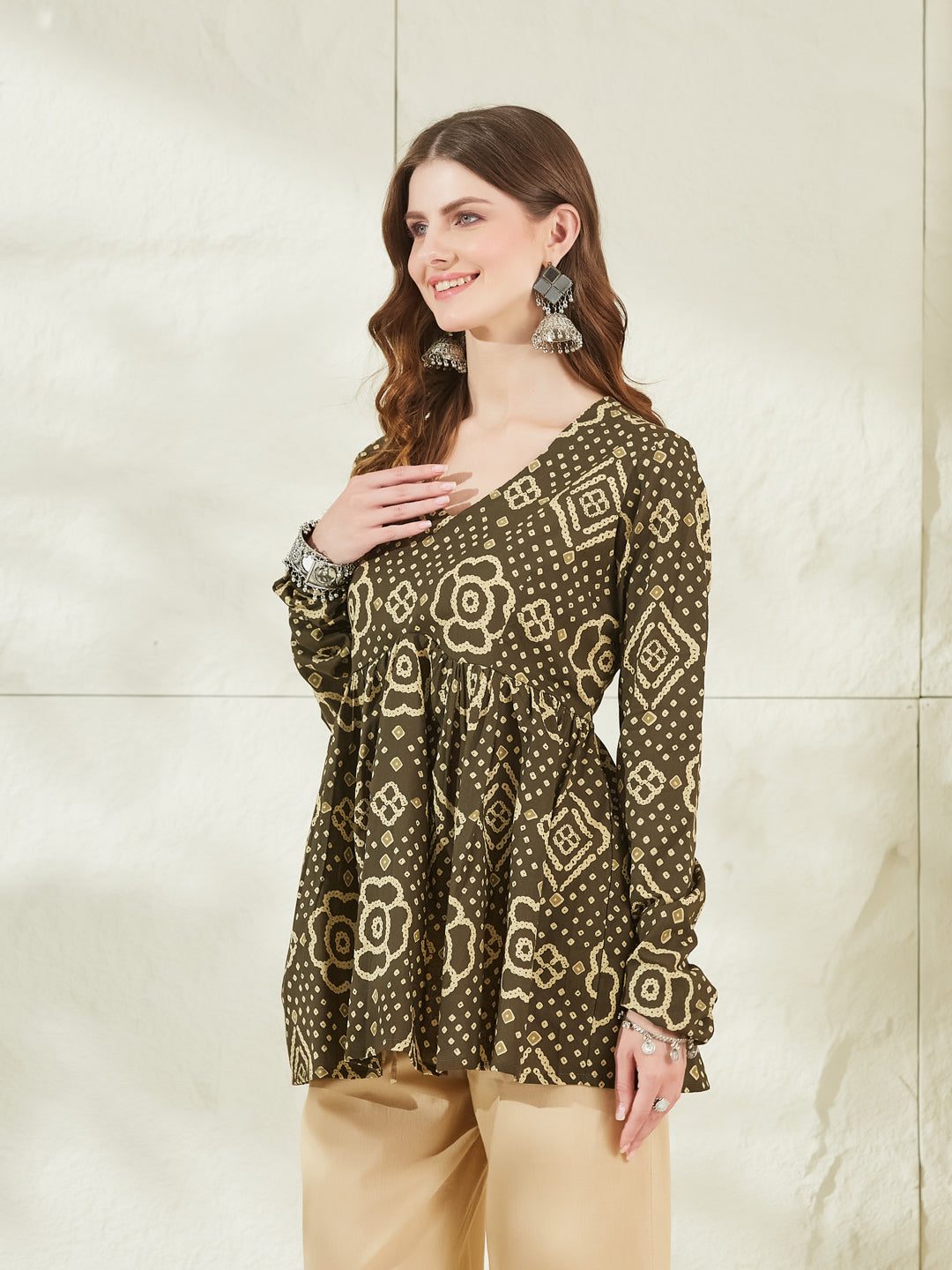 Brown Floral Printed V Neck Cotton Top