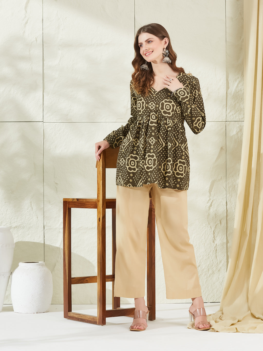 Brown Floral Printed V Neck Cotton Top