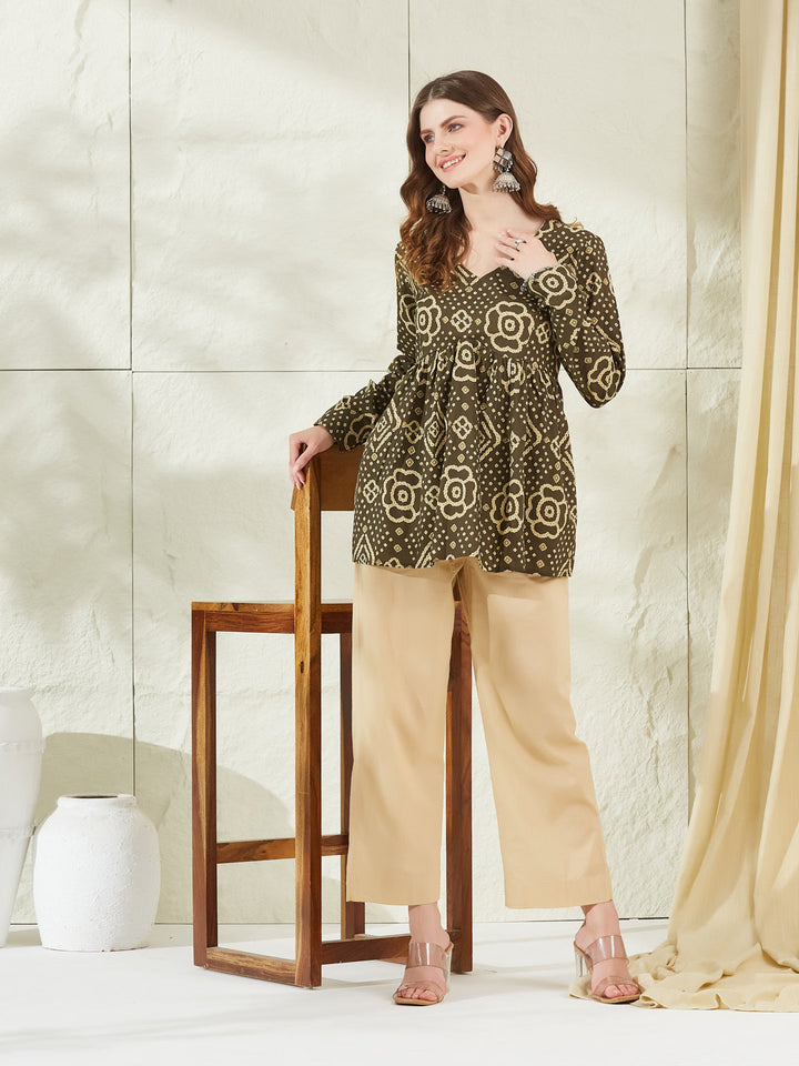 Brown Floral Printed V Neck Cotton Top