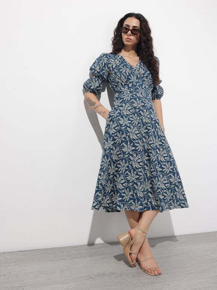 Blue V-Neck Midi Cotton Dress