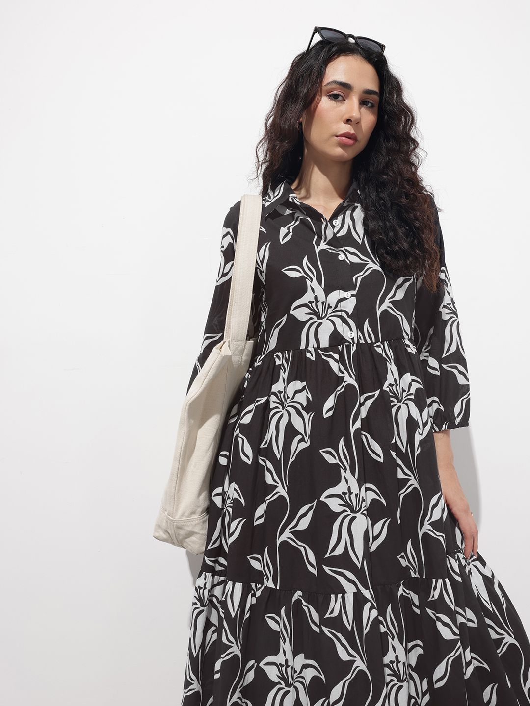 Black Shirt Coller Mulmul Linning Cotton Dress