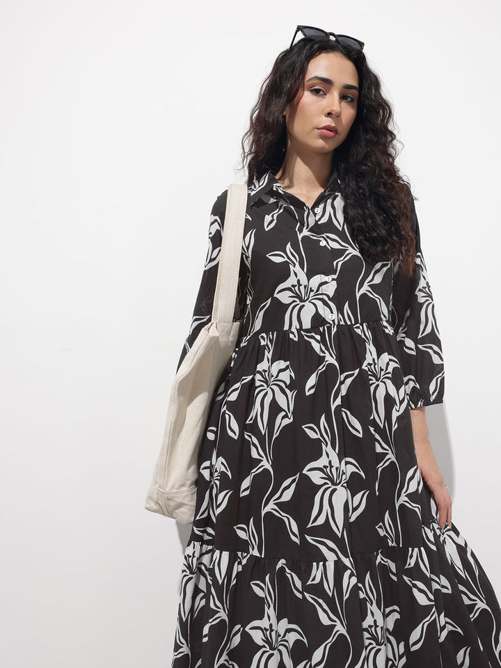 Black Shirt Coller Mulmul Linning Cotton Dress