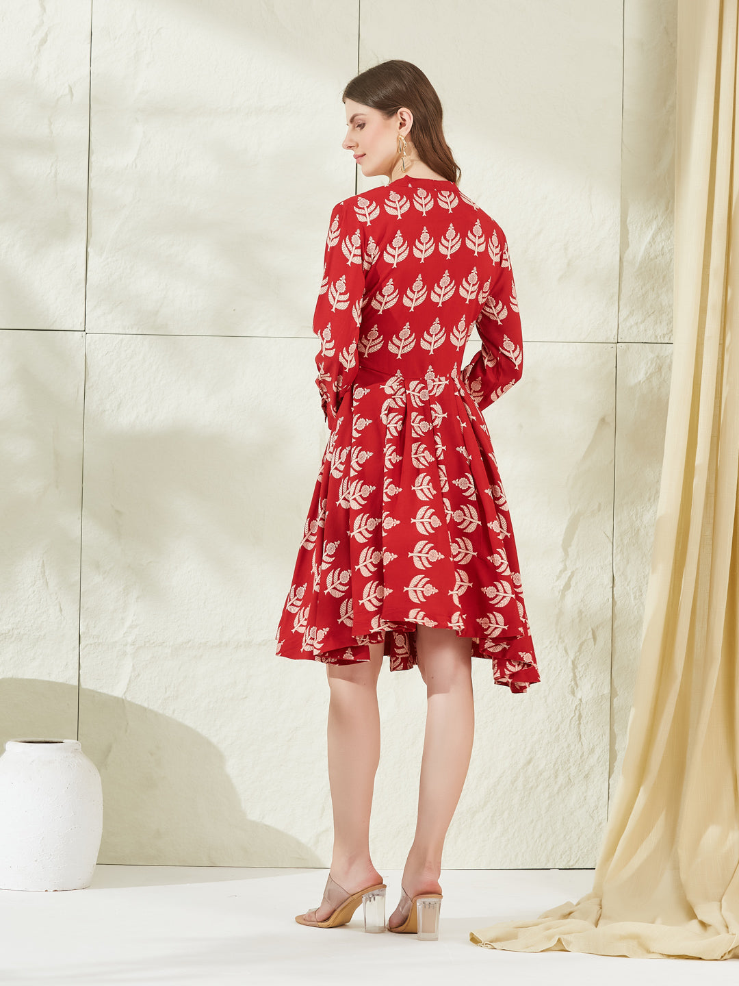 Red Rayon Boat Neck Knee Length Dress