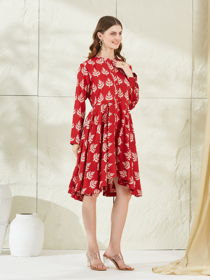 Red Rayon Boat Neck Knee Length Dress