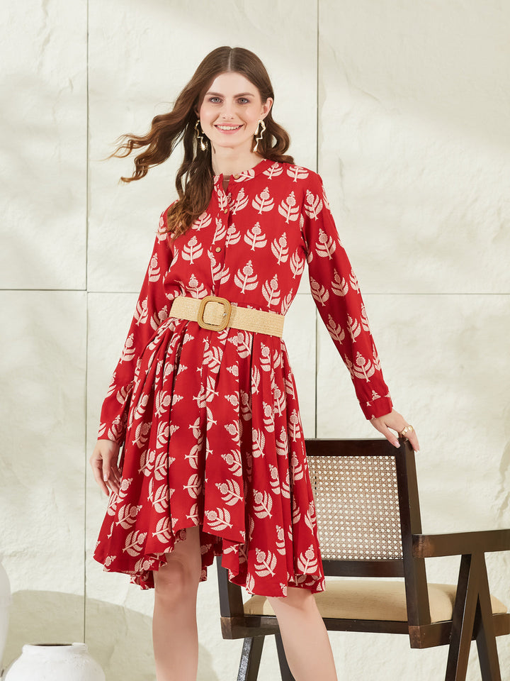 Red Rayon Boat Neck Knee Length Dress