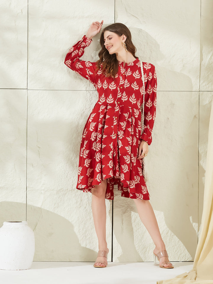 Red Rayon Boat Neck Knee Length Dress