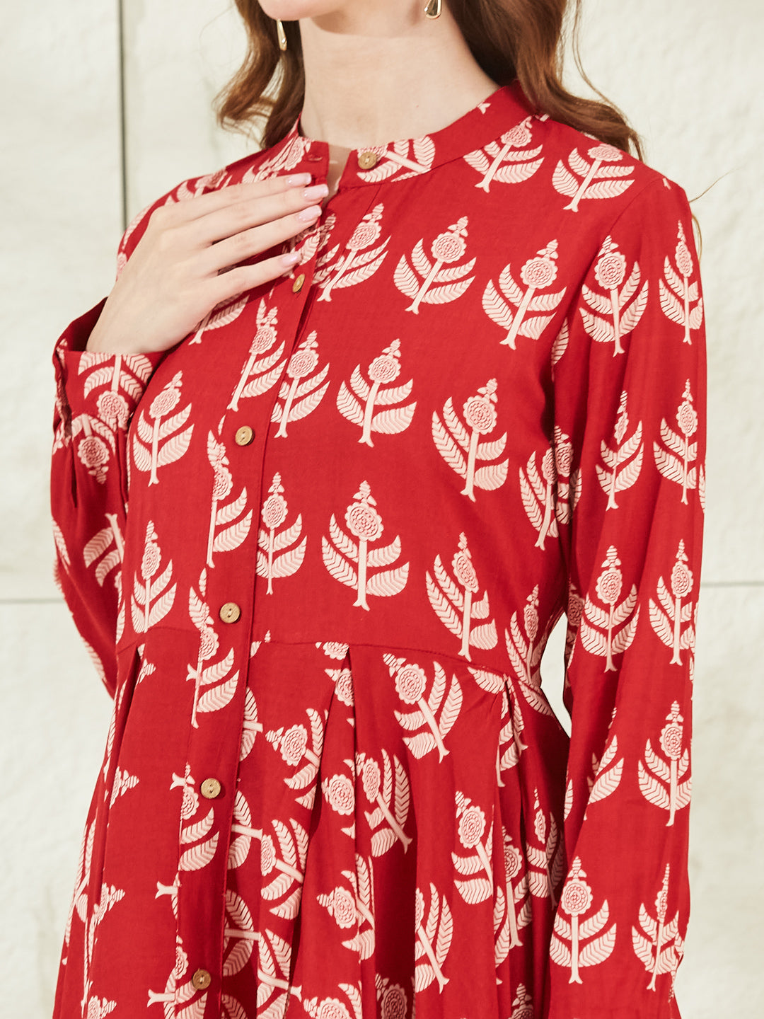 Red Rayon Boat Neck Knee Length Dress