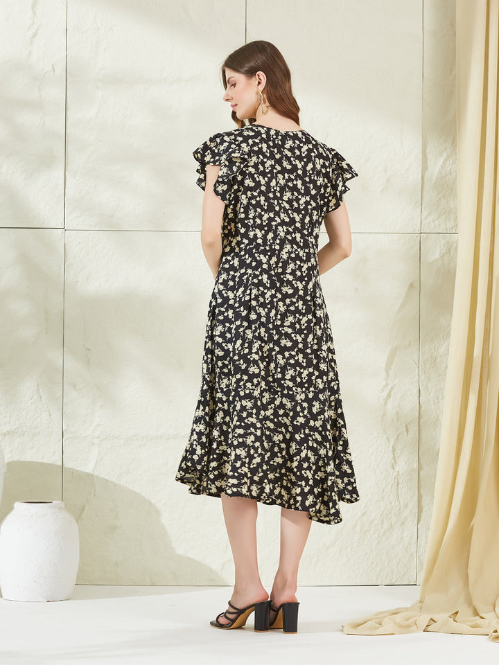 Black Rayon V Neck Midi Dress