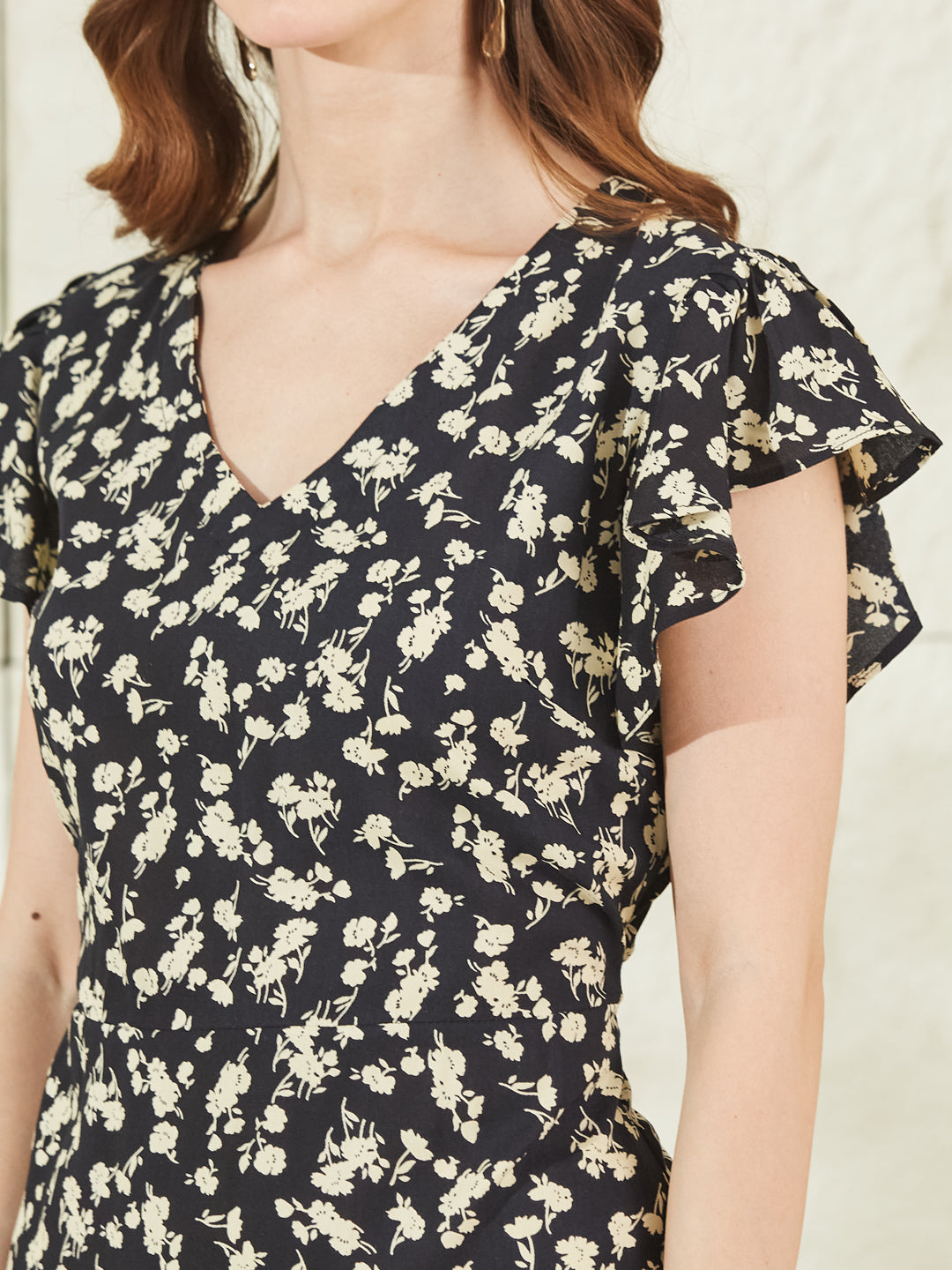 Black Rayon V Neck Midi Dress