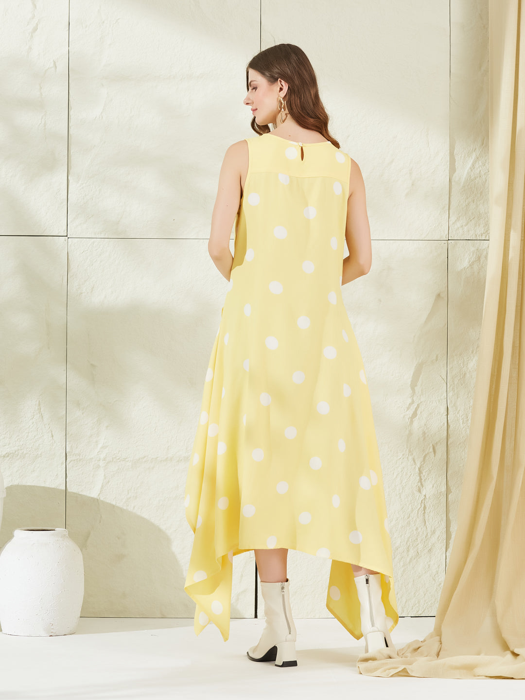 Yellow Rayon Polka Dots Midi Dress